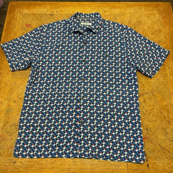 Tommy Bahama Mens Hawaiian Geo Camp Button Down Shirt Sz Med Blue Floral Print - Picture 1 of 6